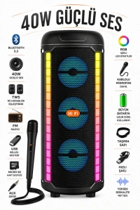 Bluetooth Hoparlör Parti Hoparlörü Karaoke Mikrofon Hediyeli Işıklı Ses Bombası Radyo Usb Sd Girişli